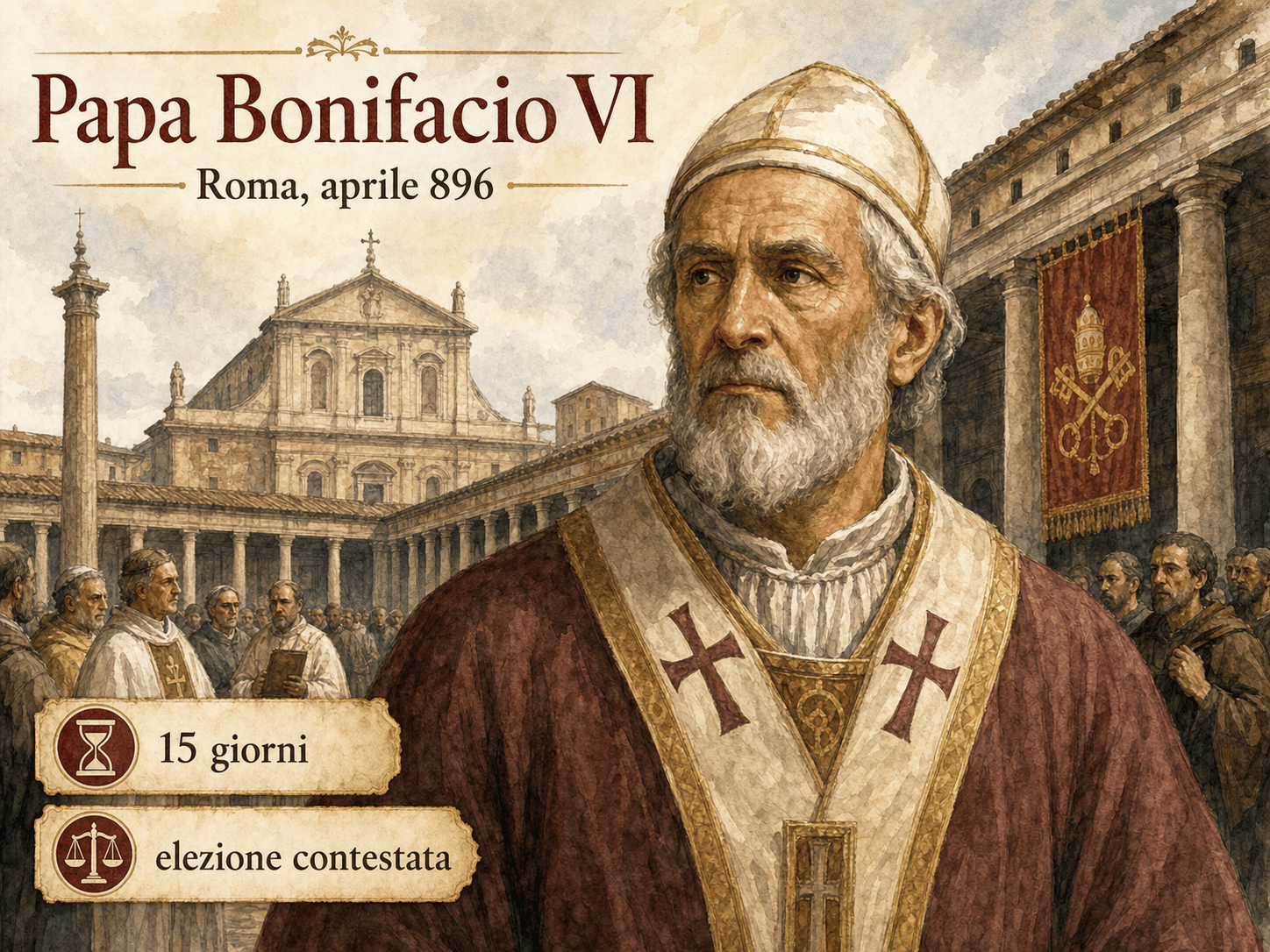 Illustrazione ad acquerello di Bonifacio VI davanti all'antica basilica di San Pietro e al portico dei papi nell'aprile 896