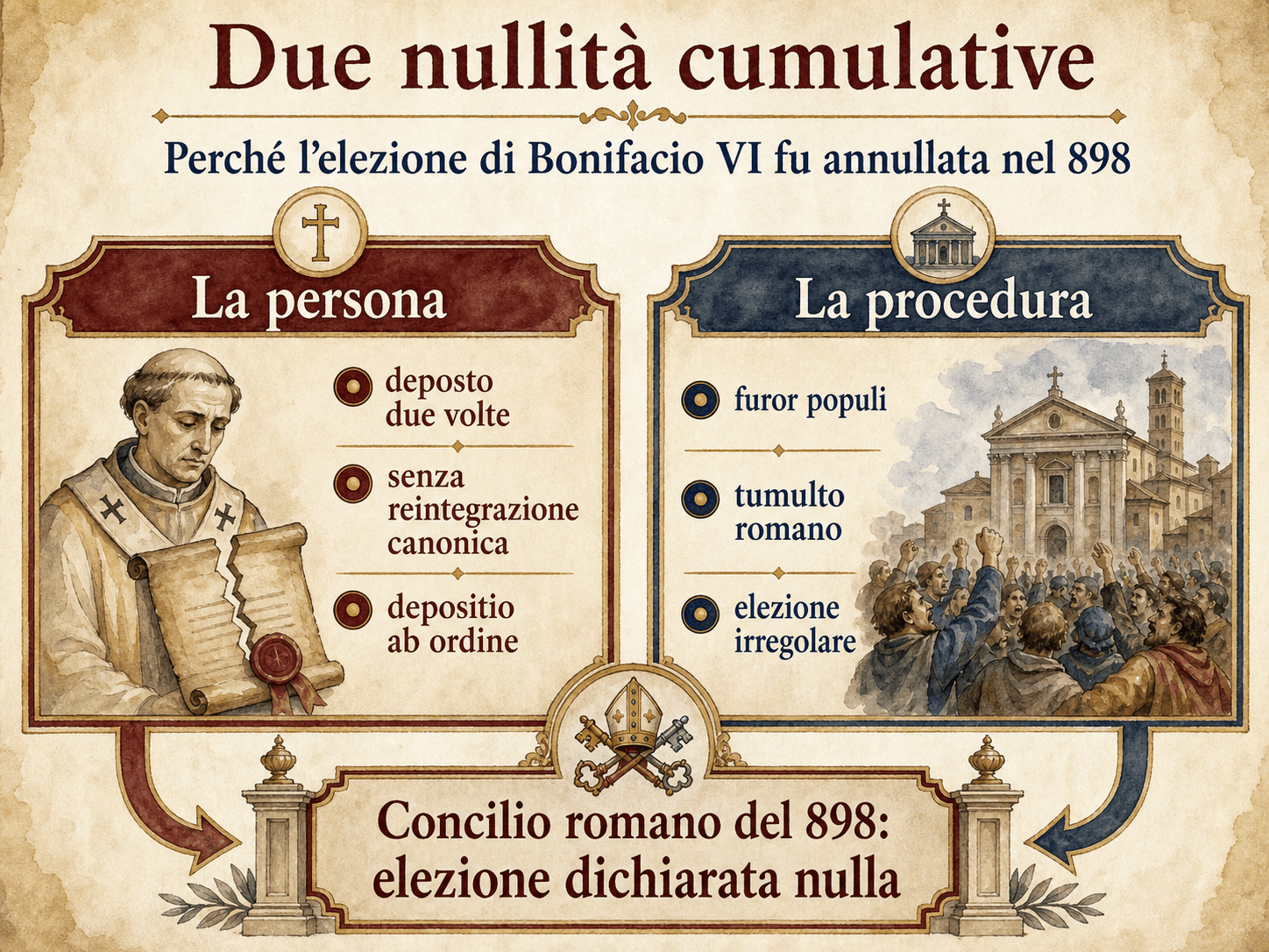 Infografica sulle due nullità cumulative dell'elezione di Bonifacio VI