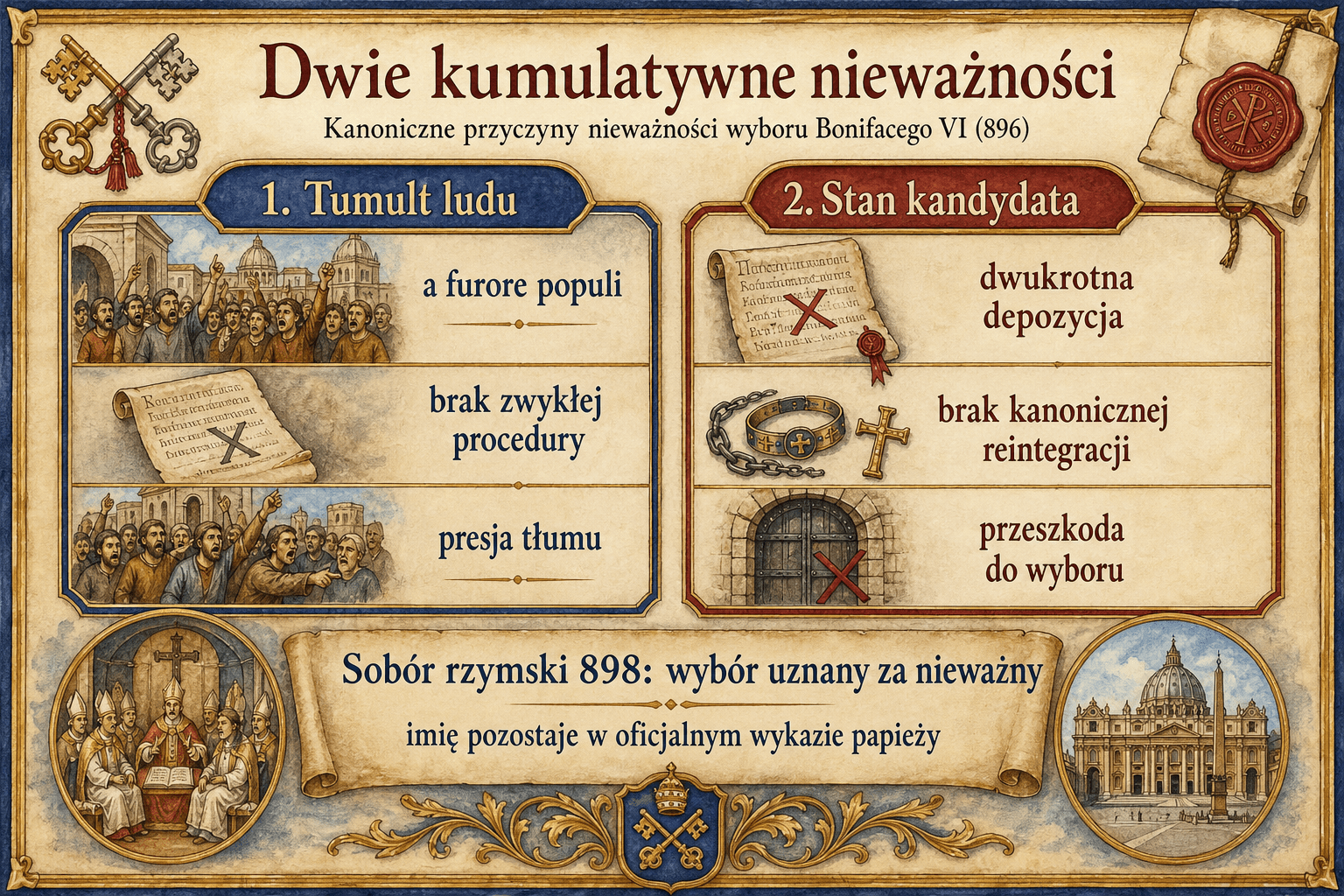Infografika o dwóch kumulatywnych nieważnościach wyboru Bonifacego VI
