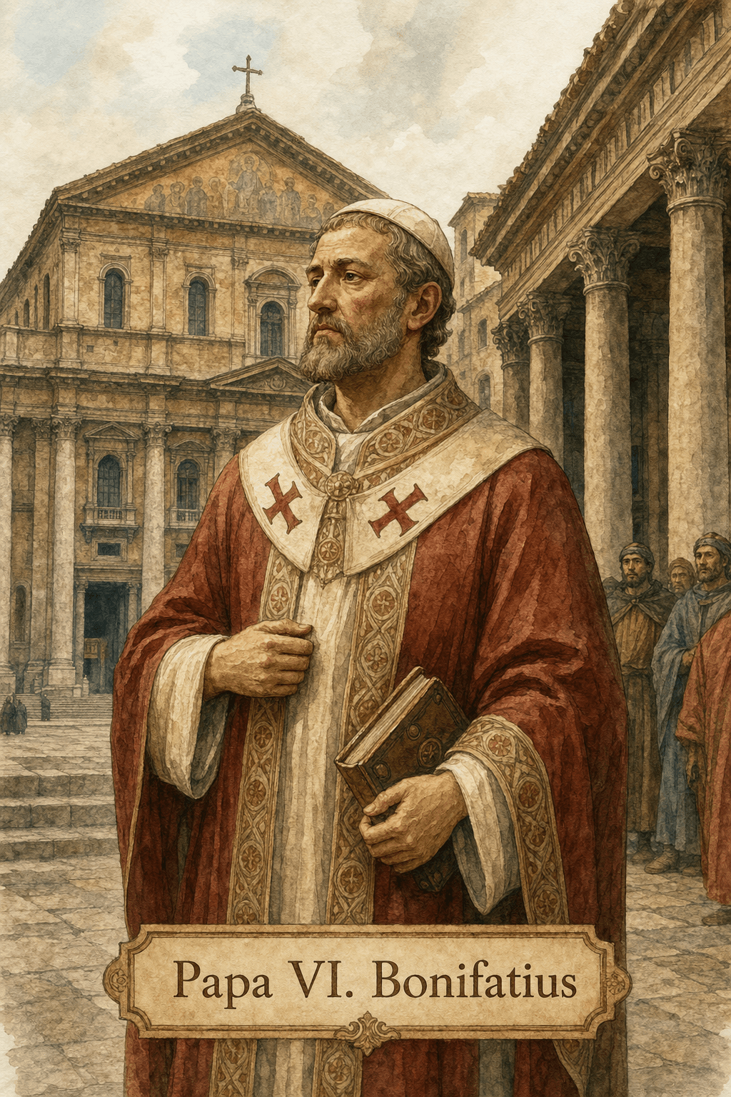 Nisan 896'da eski Aziz Petrus Bazilikası ve papaların portikosu önünde Papa VI. Bonifatius'un suluboya resmi