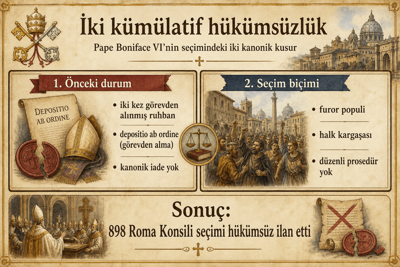 Bonifatius VI seçiminin iki kümülatif geçersizliği üzerine infografik