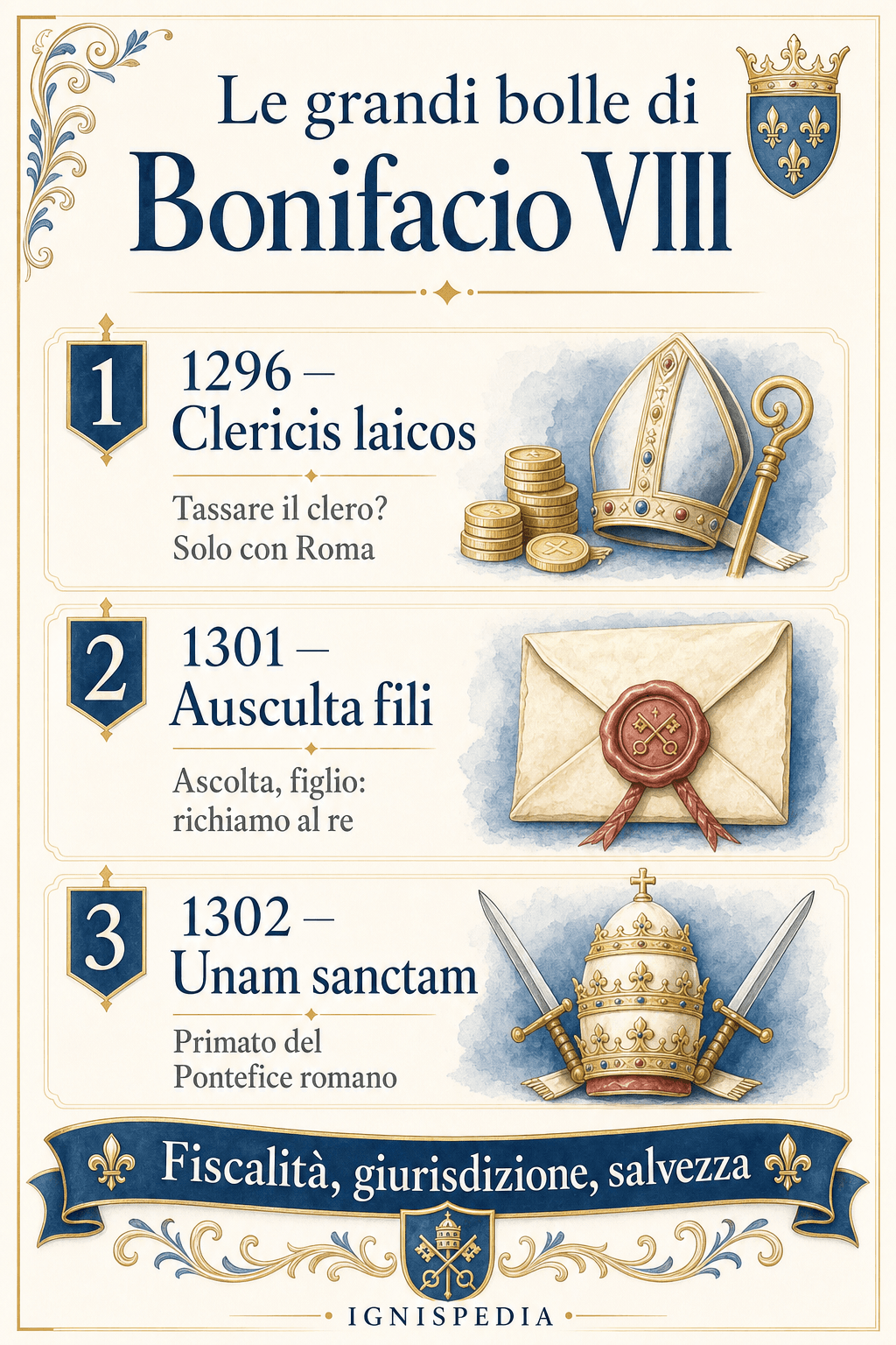 Infografica delle tre grandi bolle di Bonifacio VIII: Clericis laicos, Ausculta fili e Unam sanctam
