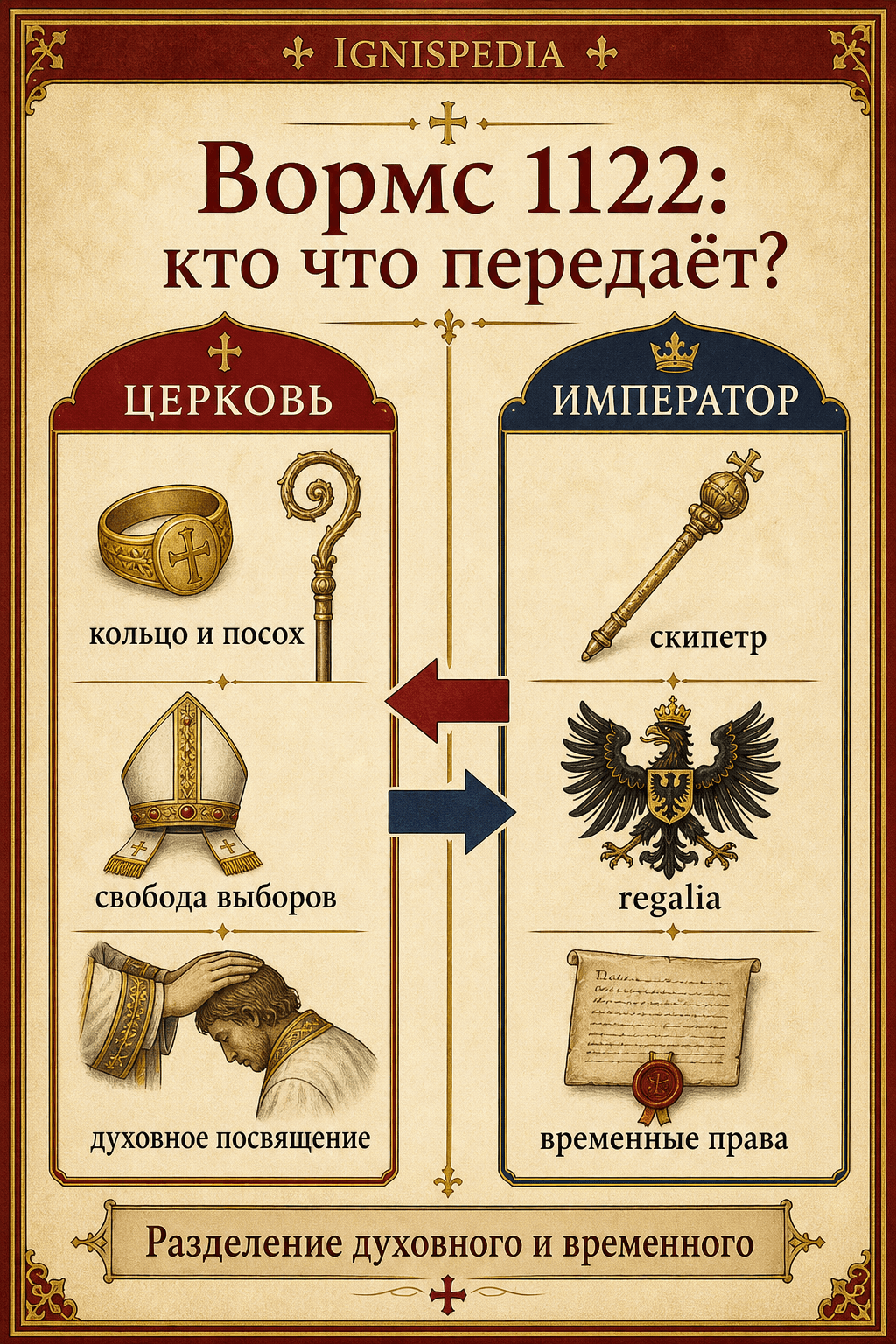 Инфографика о Вормсском конкордате: Церковь получает кольцо, посох, свободу выборов и духовное посвящение; император сохраняет скипетр, regalia и временные права