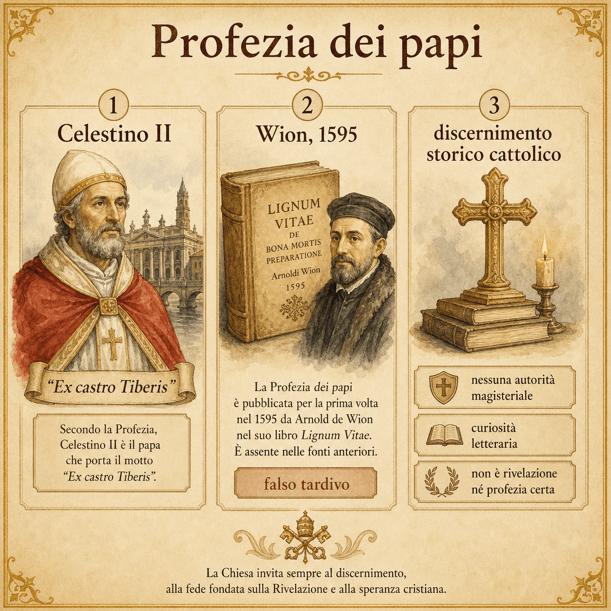 Infografica che spiega la profezia dei papi: Celestino II, Wion 1595, testo tardivo discusso e assenza di riconoscimento magisteriale attestato