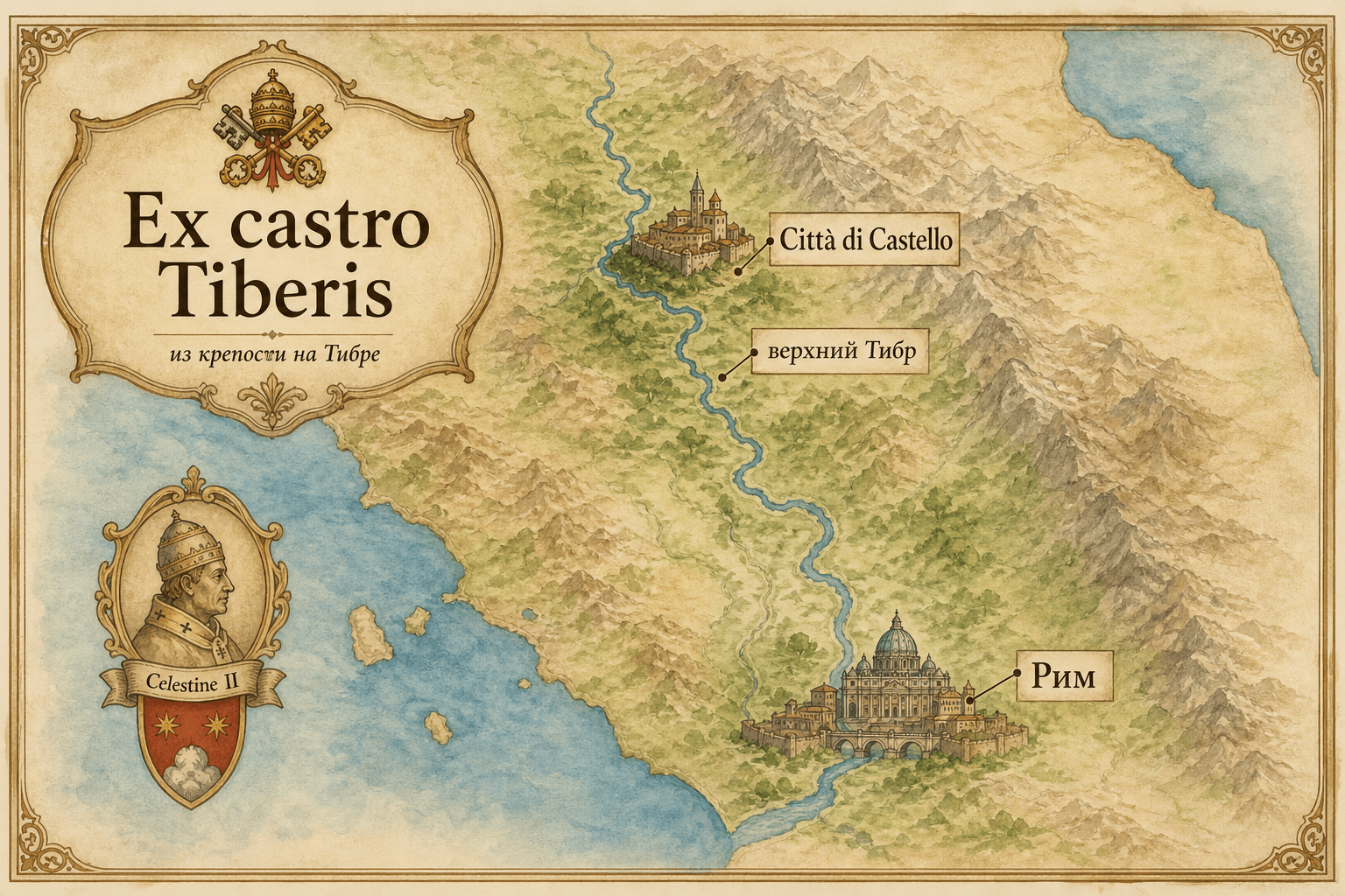 Карта-инфографика Città di Castello на верхнем Тибре и Рима для девиза Ex castro Tiberis