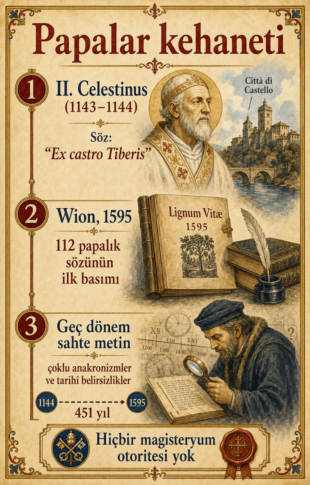 Papaların Kehaneti açıklayan infografik: Celestinus II, Wion 1595, tartışılan geç metin ve belgelenmiş magisterium tanınmasının yokluğu
