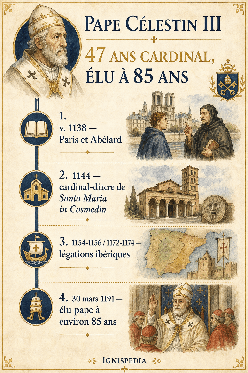Infographic tracing the forty-seven years of Giacinto Bobone's cardinalate until his election as Celestine III.