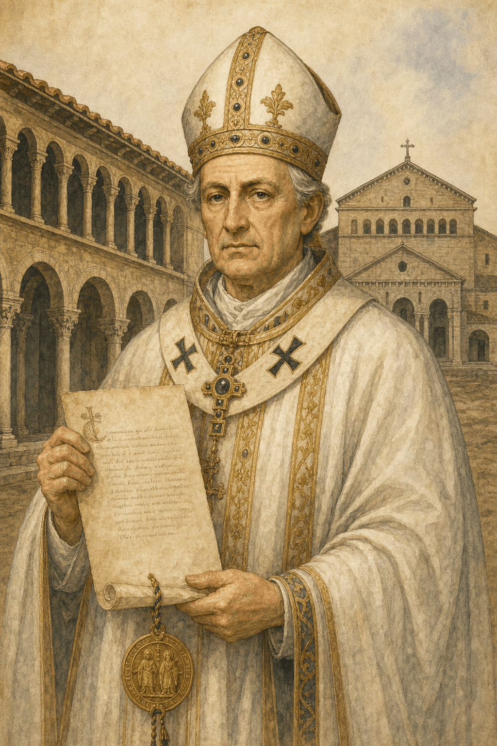 Watercolor portrait of Celestine III, an elderly pope of the late 12th century, holding a papal bull before the Lateran.