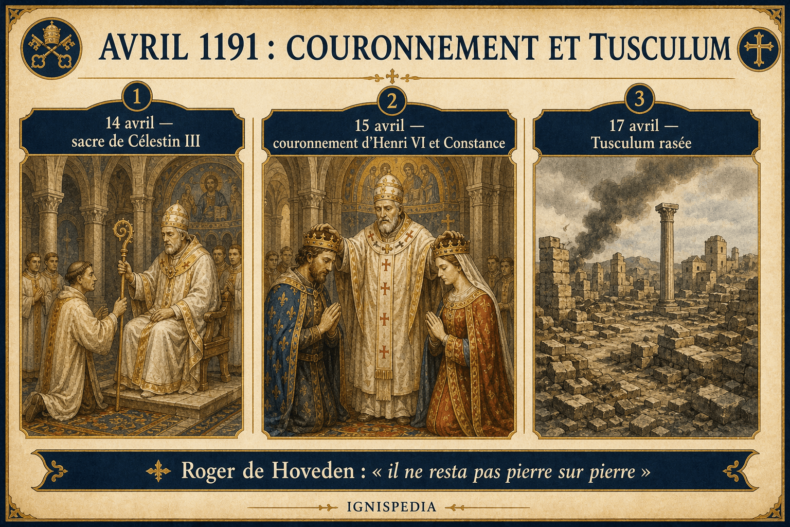 Infographic timeline of April 1191: consecration of Celestine III, coronation of Henry VI and Constance, then destruction of Tusculum.