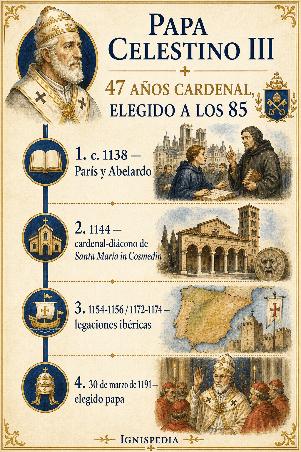 Infografía que recorre los cuarenta y siete años de cardenalato de Giacinto Bobone hasta su elección como Celestino III.