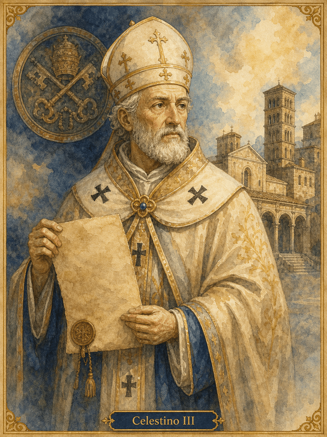 Retrato en acuarela de Celestino III, papa anciano de finales del siglo XII, sosteniendo una bula pontificia frente al Laterano.