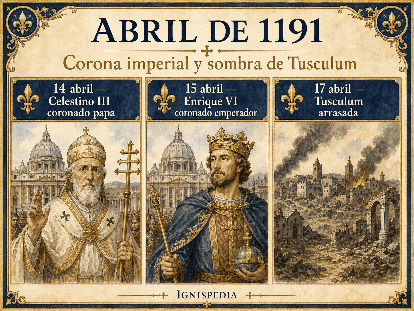 Friso infográfico de abril de 1191: consagración de Celestino III, coronación de Enrique VI y Constanza, luego destrucción de Tusculum.