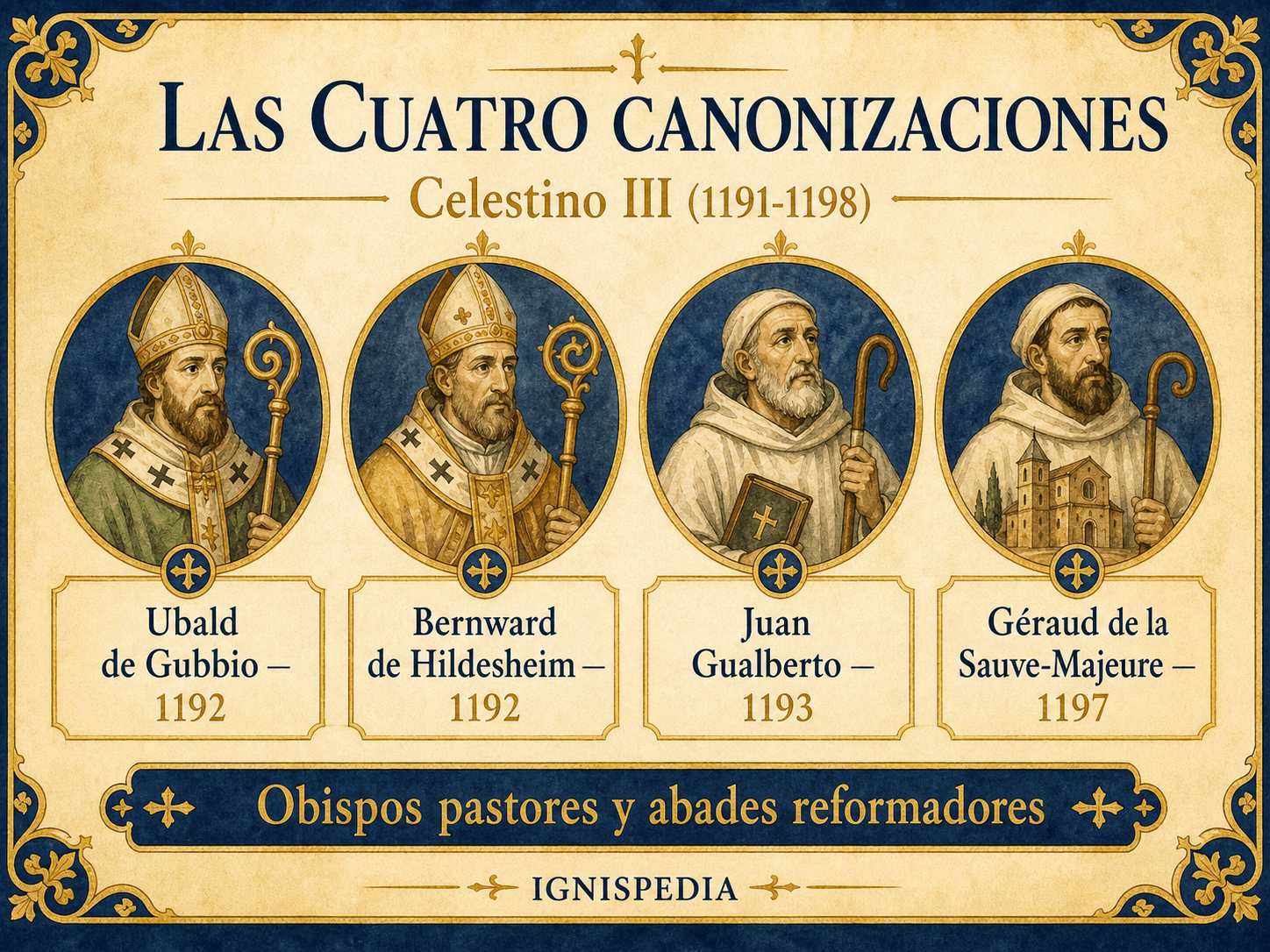 Infografía que presenta las cuatro canonizaciones de Celestino III: Ubaldo de Gubbio, Bernward de Hildesheim, Juan Gualberto y Gerardo de la Sauve-Majeure.
