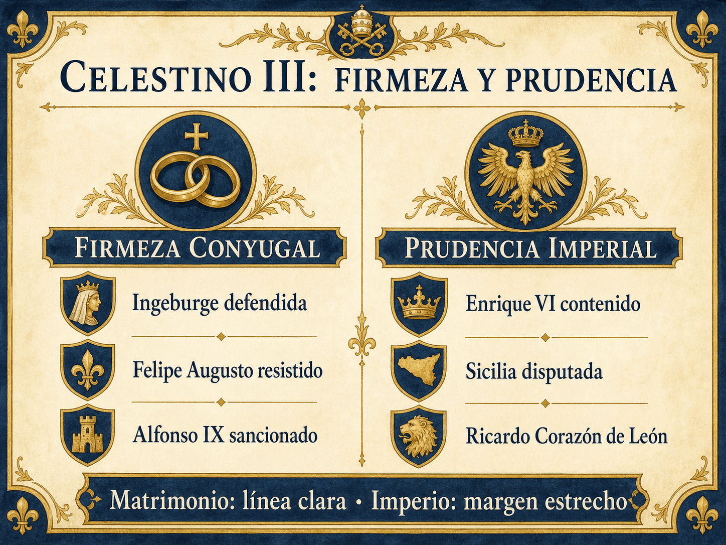 Infografía que compara la firmeza de Celestino III sobre el matrimonio cristiano y su prudencia frente al emperador Enrique VI.