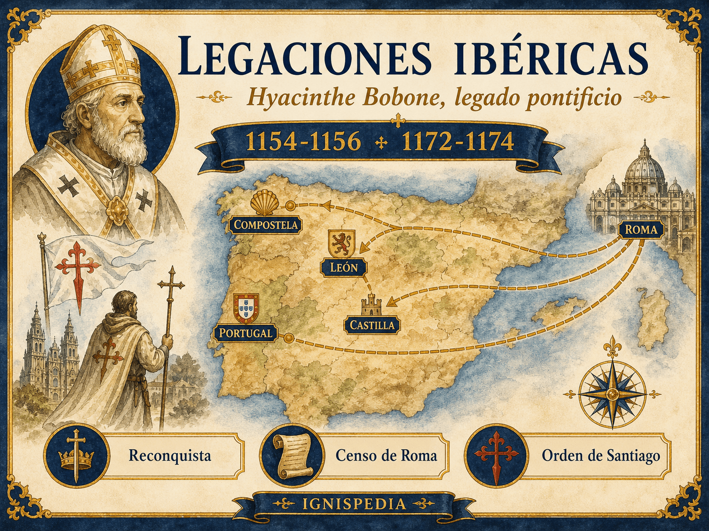 Mapa infográfico de las legaciones ibéricas de Hyacinthe Bobone entre Roma, Compostela, León, Castilla, Portugal y la orden de Santiago.