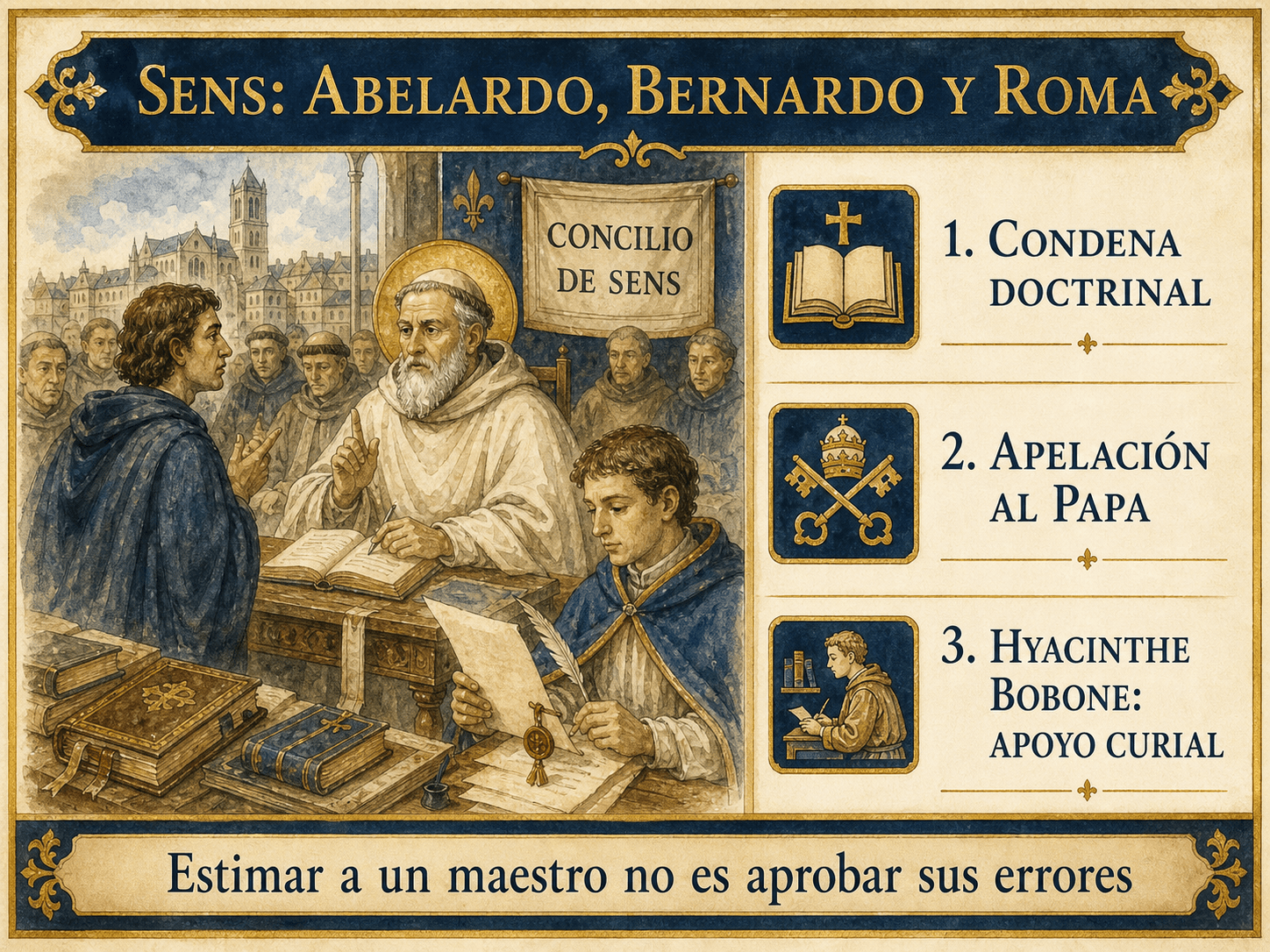 Escena en acuarela del concilio de Sens mostrando a Giacinto Bobone apoyando el recurso de Pedro Abelardo a Roma frente a san Bernardo.