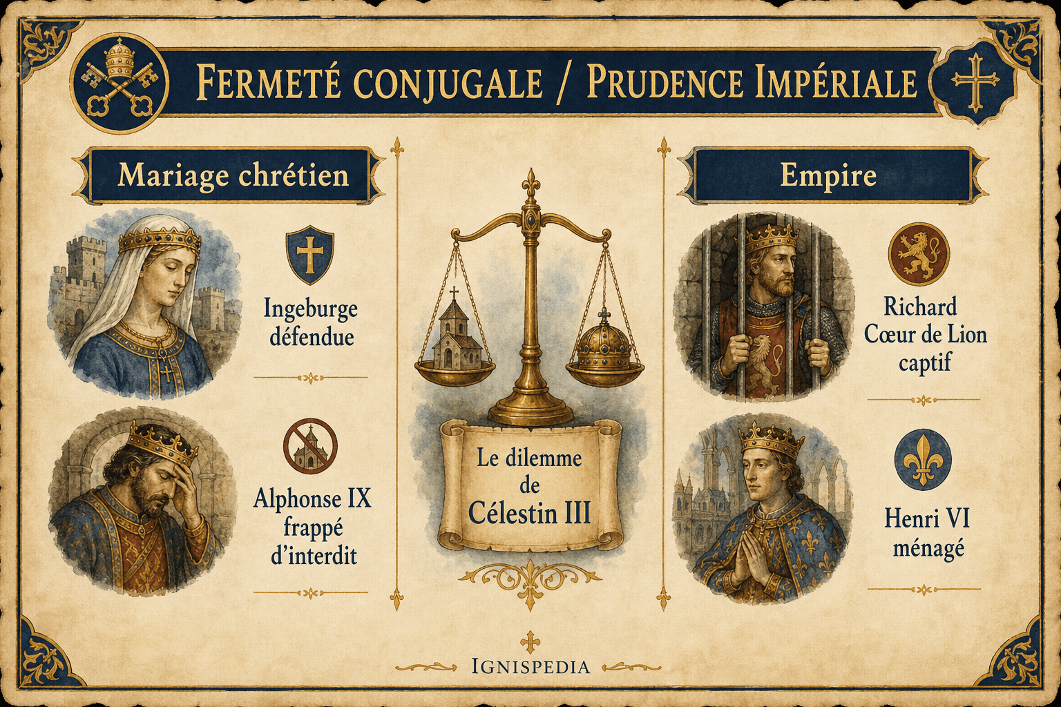 Infographic comparing Celestine III's firmness on Christian marriage with his caution toward Emperor Henry VI.