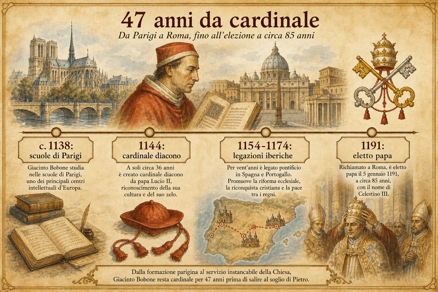 Infografica che ripercorre i quarantasette anni di cardinalato di Giacinto Bobone fino alla sua elezione come Celestino III.