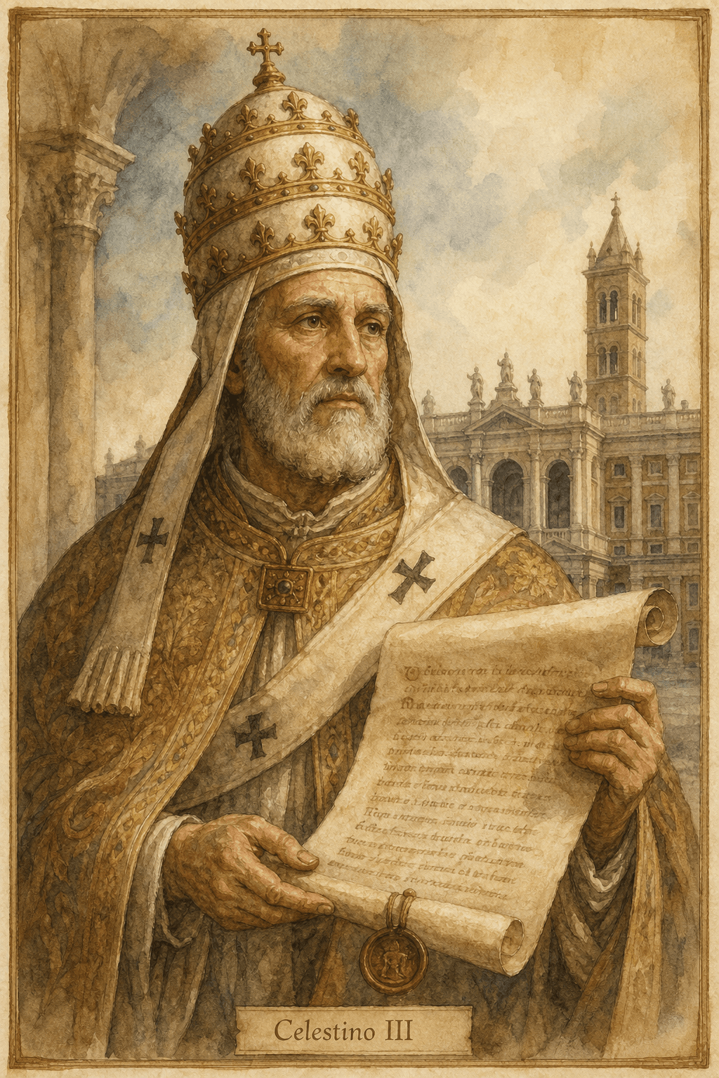 Ritratto ad acquerello di Celestino III, papa anziano della fine del XII secolo, che tiene una bolla pontificia davanti al Laterano.