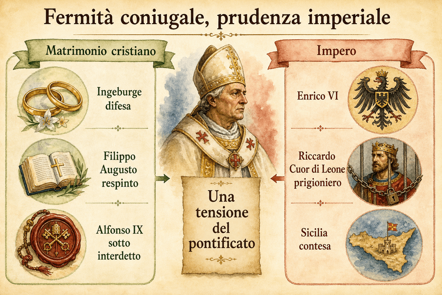 Infografica che confronta la fermezza di Celestino III sul matrimonio cristiano e la sua prudenza di fronte all’imperatore Enrico VI.