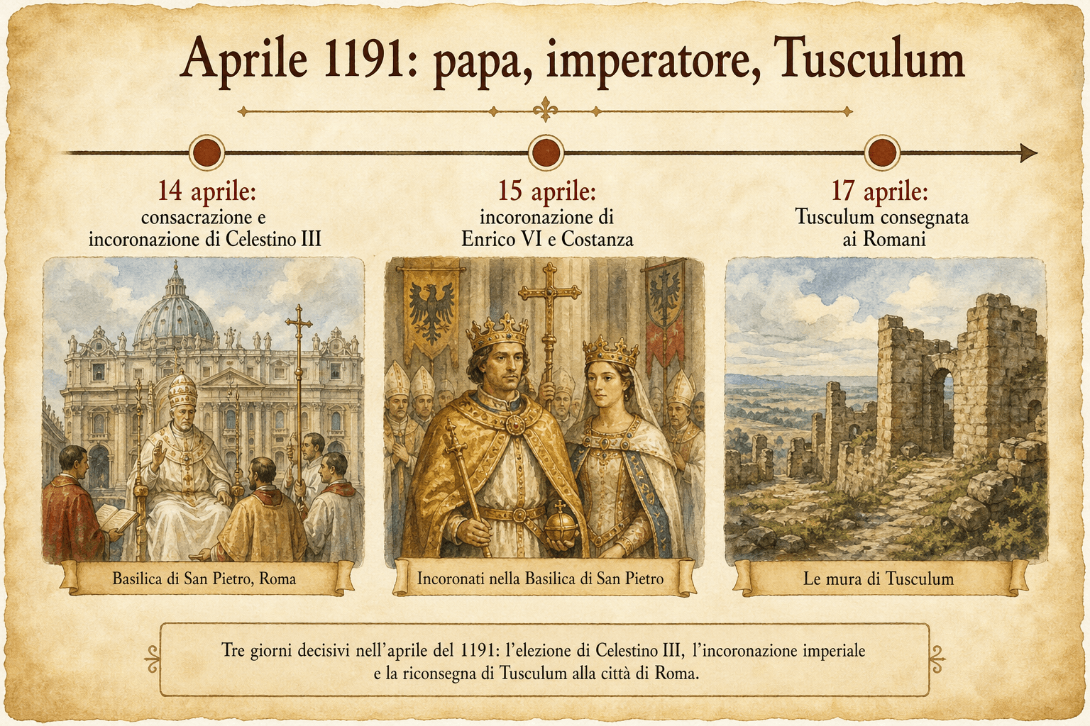Fregio infografico dell’aprile 1191: consacrazione di Celestino III, incoronazione di Enrico VI e Costanza, poi distruzione di Tuscolo.