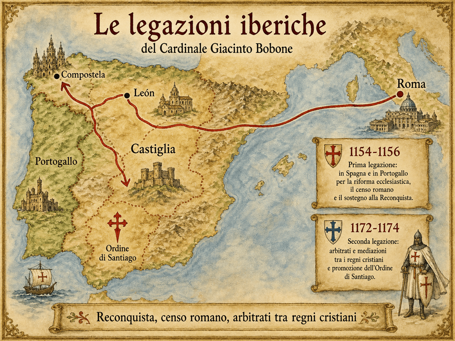 Carta infografica delle legazioni iberiche di Giacinto Bobone tra Roma, Compostela, León, Castiglia, Portogallo e l’ordine di Santiago.