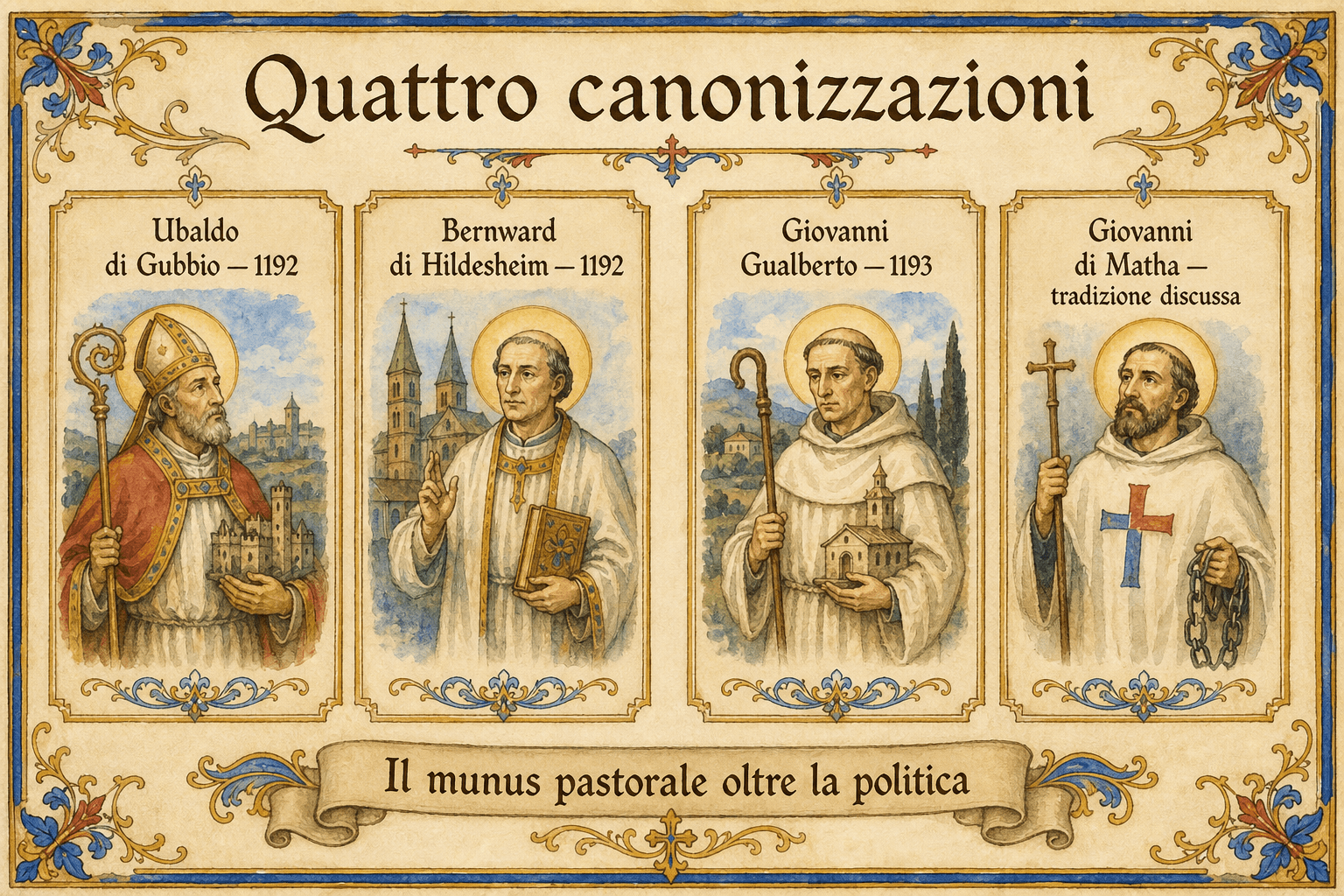 Infografica che presenta le quattro canonizzazioni di Celestino III: Ubaldo di Gubbio, Bernward di Hildesheim, Giovanni Gualberto e Géraud de la Sauve-Majeure.