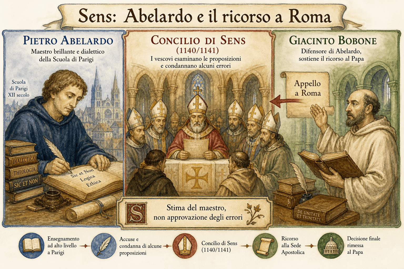 Scena ad acquerello del concilio di Sens che mostra Giacinto Bobone sostenere l’appello di Pietro Abelardo a Roma di fronte a san Bernardo.