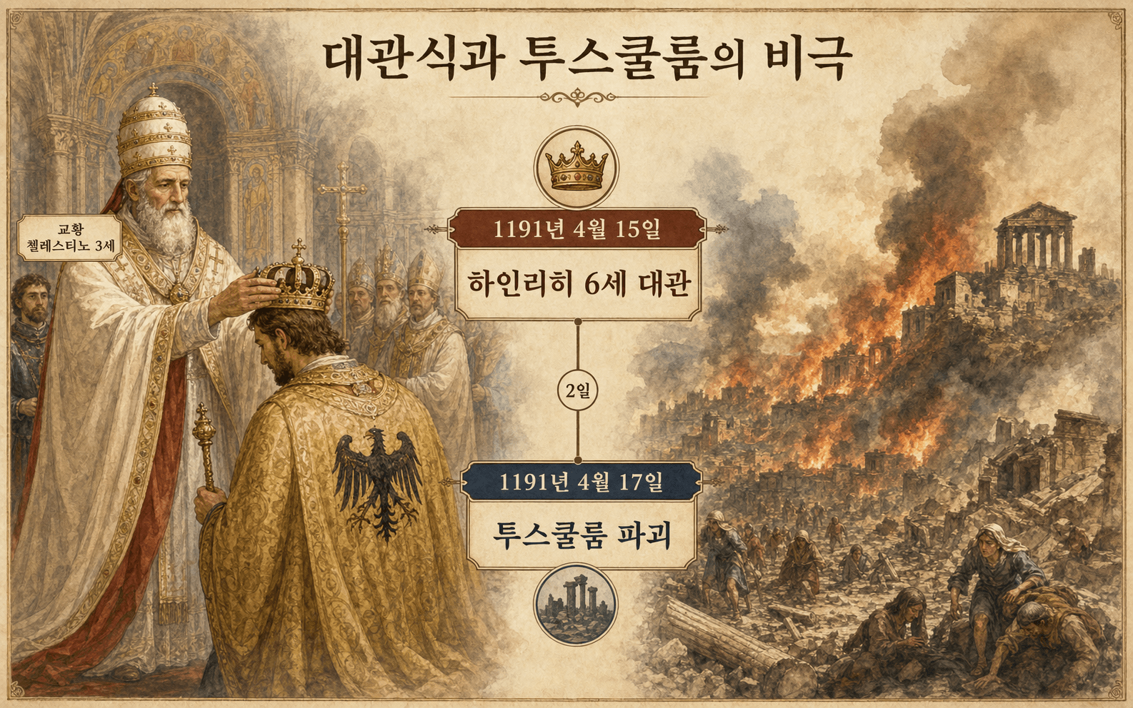 1191년 4월의 인포그래픽: 첼레스티노 3세의 대관, 하인리히 6세와 콘스탄스의 황제 대관, 그리고 투스쿨룸의 파괴.