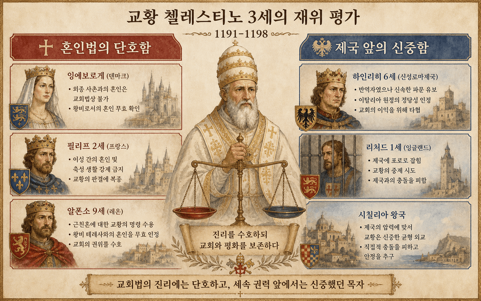 첼레스티노 3세의 혼인 불가해성에 대한 단호함과 황제 하인리히 6세에 대한 신중함을 비교한 인포그래픽.