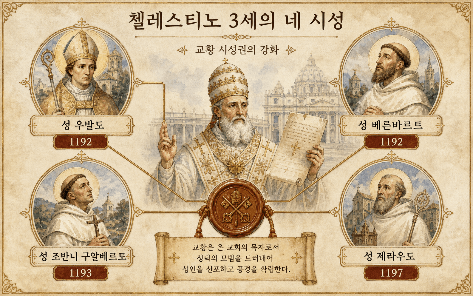 첼레스티노 3세의 네 시성: 구비오의 우발도, 힐데스하임의 베른바르트, 요한 구알베르토, 제로 드 라 소브 마쥬르를 보여주는 인포그래픽.