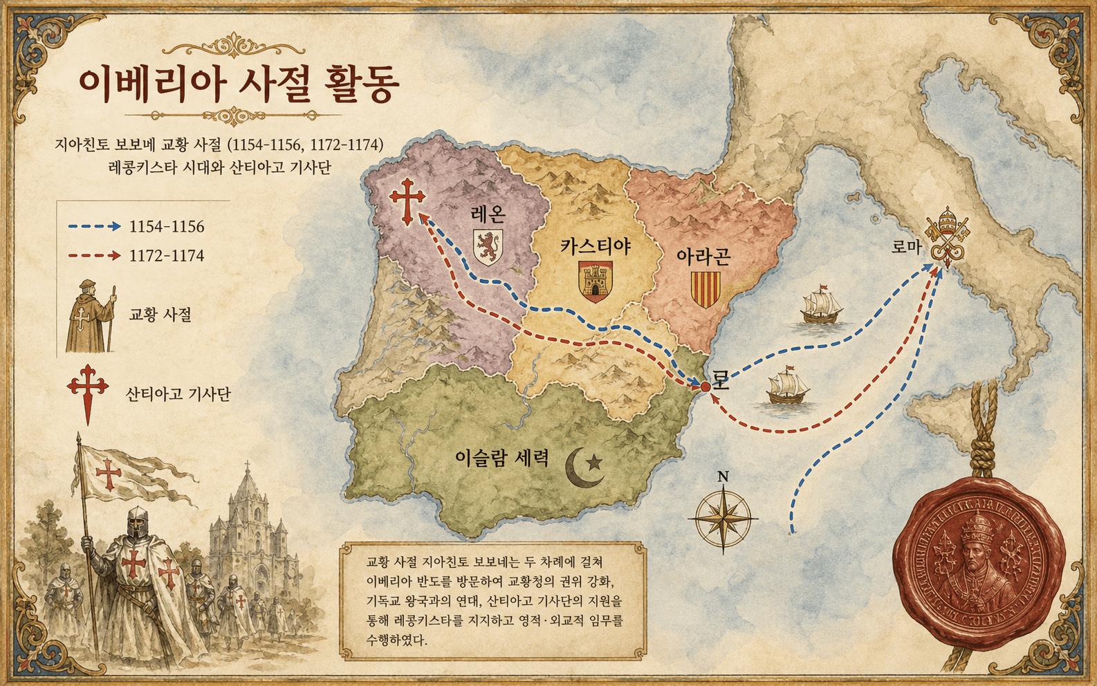 자친토 보보네가 로마, 콤포스텔라, 레온, 카스티야, 포르투갈, 산티아고 기사단을 오가며 수행한 이베리아 특사 임무의 인포그래픽 지도.