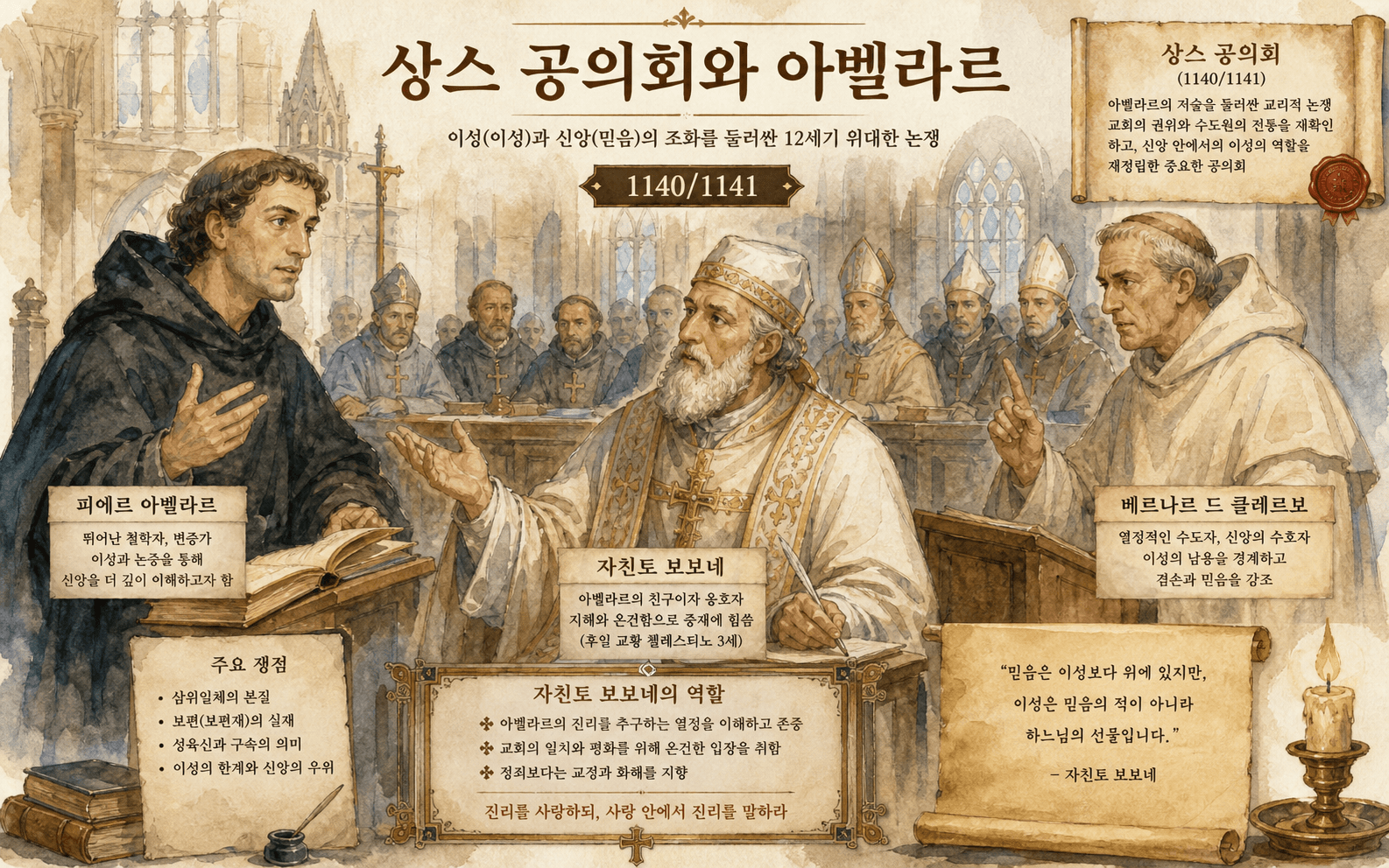 상스 공의회에서 피에르 아벨라르가 로마에 상소할 때 자친토 보보네가 그를 지지하는 장면을 그린 수채화.