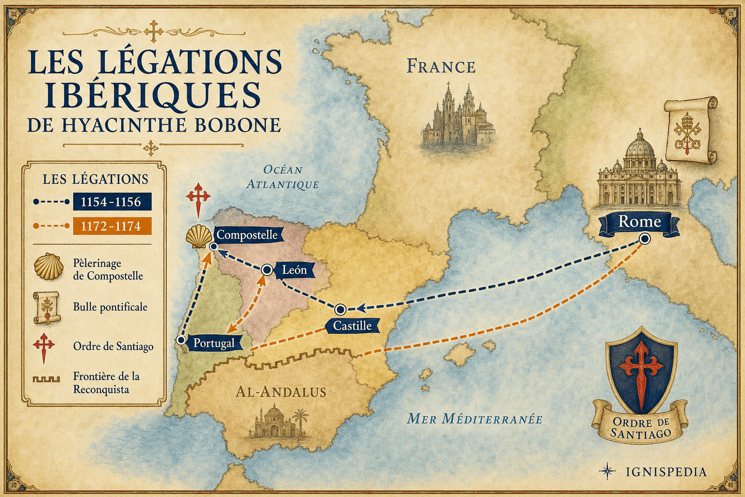 Infographic map of Hyacinth Bobone's Iberian legations between Rome, Compostela, León, Castile, Portugal and the Order of Santiago.
