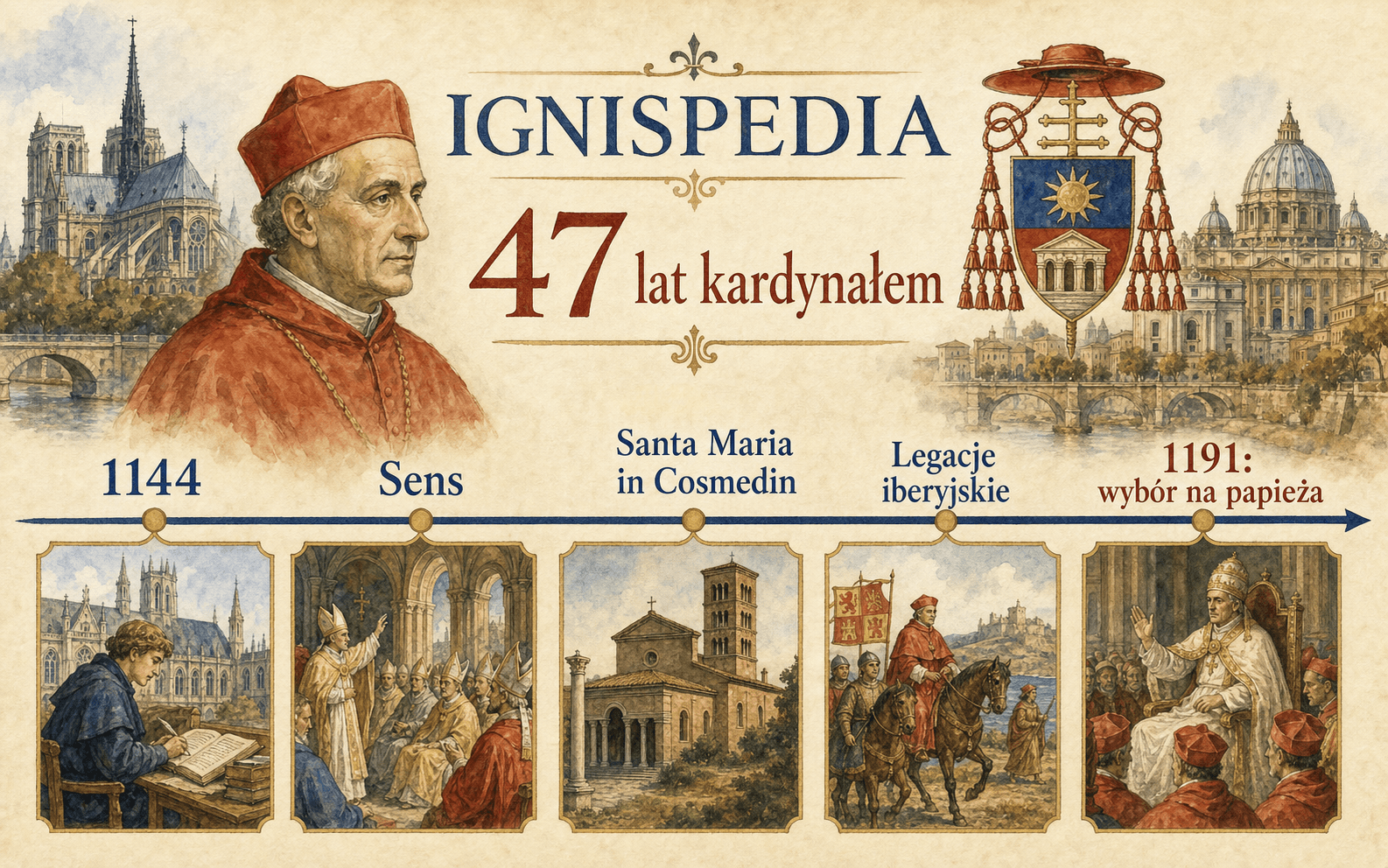 Infografika przedstawiająca czterdzieści siedem lat kardynalatu Giacinta Bobone aż do jego wyboru na Celestyna III.