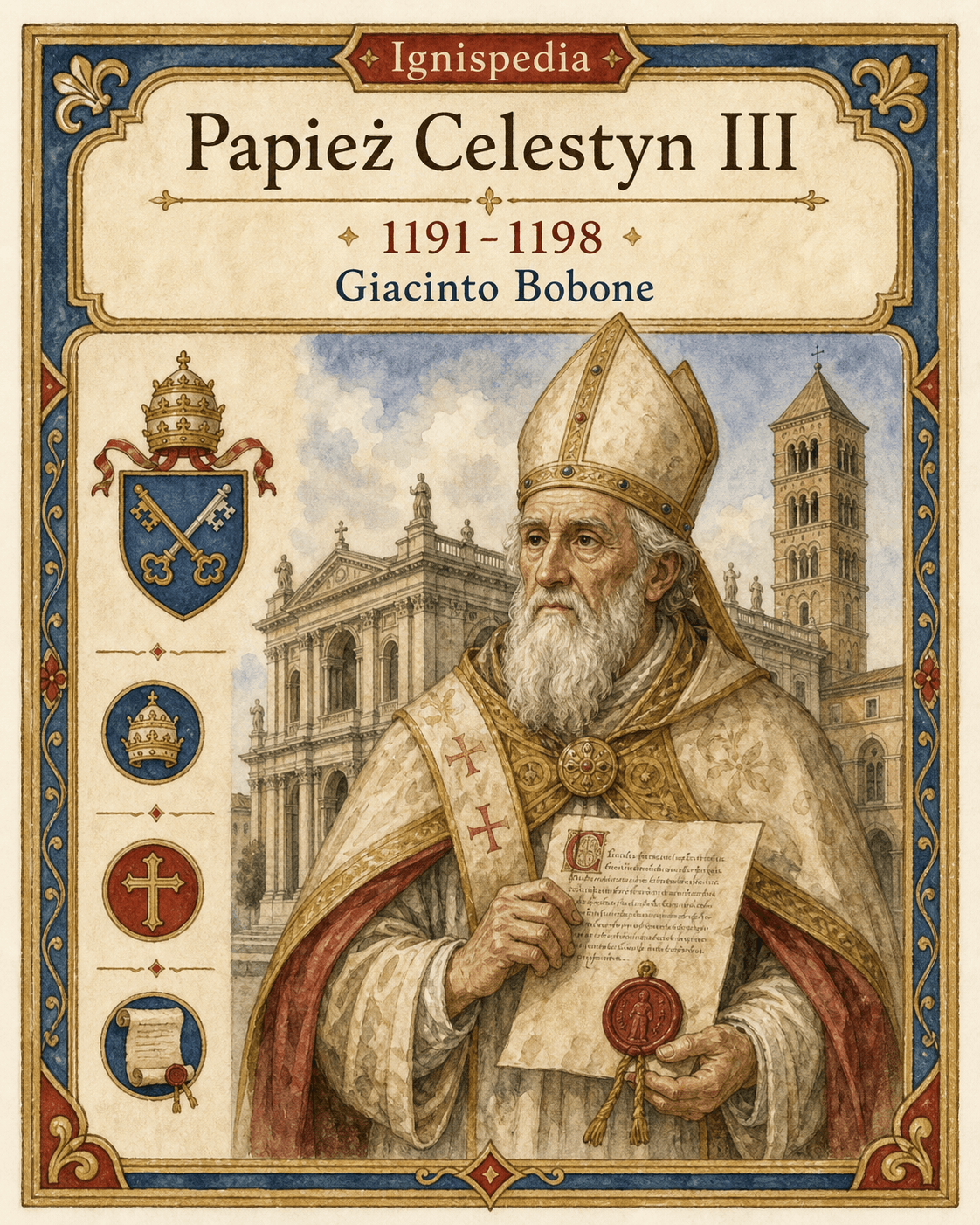Portret akwarelowy Celestyna III, papieża w podeszłym wieku z końca XII wieku, trzymającego bullę papieską przed Lateranem.