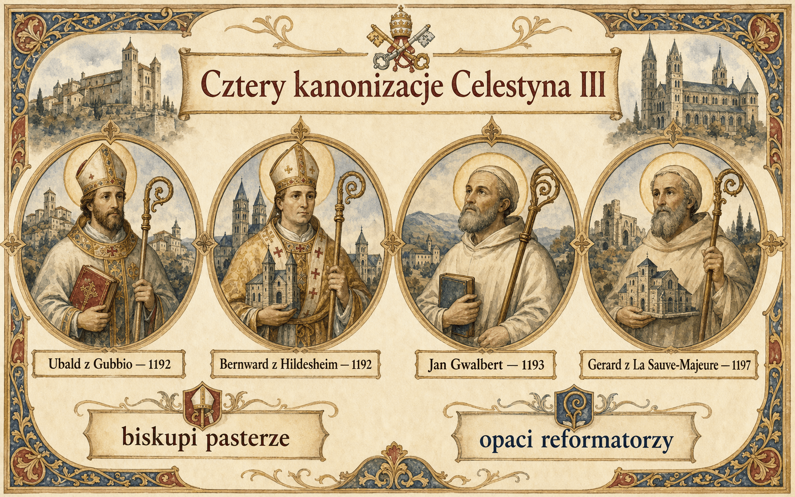 Infografika przedstawiająca cztery kanonizacje Celestyna III: Ubald z Gubbio, Bernward z Hildesheimu, Jan Gwalbert i Géraud z La Sauve-Majeure.