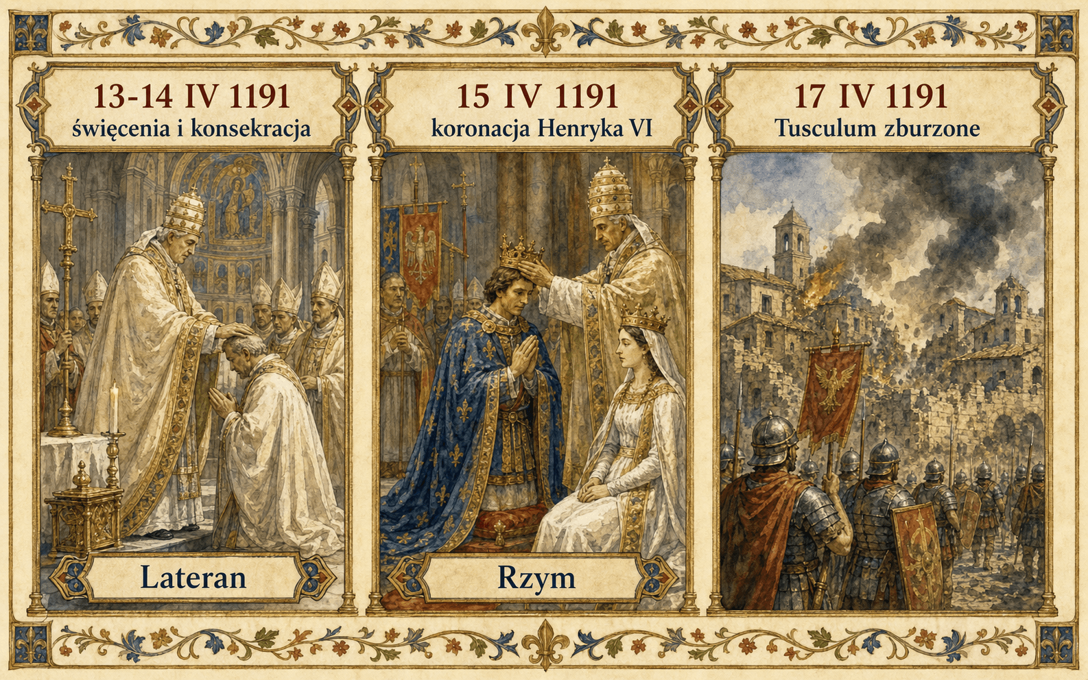 Infograficzny pasek z kwietnia 1191: konsekracja Celestyna III, koronacja Henryka VI i Konstancji, a następnie zniszczenie Tusculum.