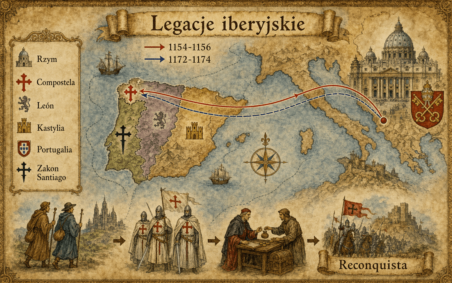 Infograficzna mapa legacji iberyjskich Hiacynta Bobone między Rzymem, Compostelą, Leónem, Kastylią, Portugalią i zakonem Santiago.