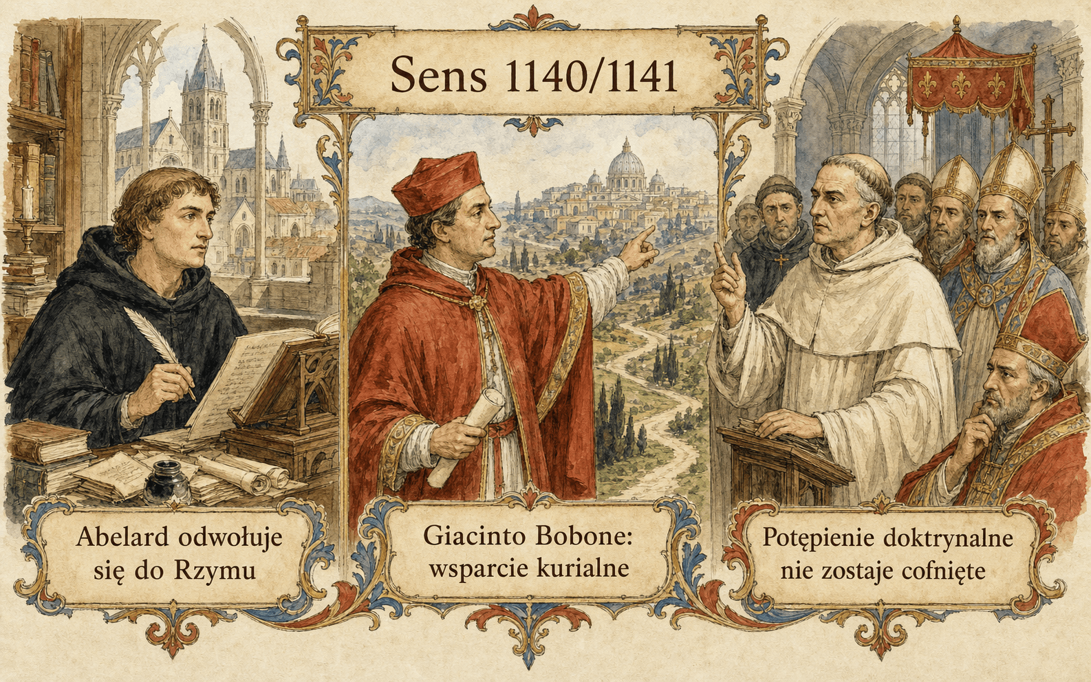 Scena akwarelowa z soboru w Sens, ukazująca Hiacynta Bobone wspierającego apelację Piotra Abelarda do Rzymu wobec św. Bernarda.