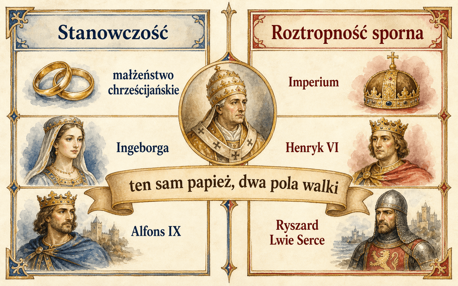 Infografika porównująca stanowczość Celestyna III w sprawie małżeństwa chrześcijańskiego i jego ostrożność wobec cesarza Henryka VI.