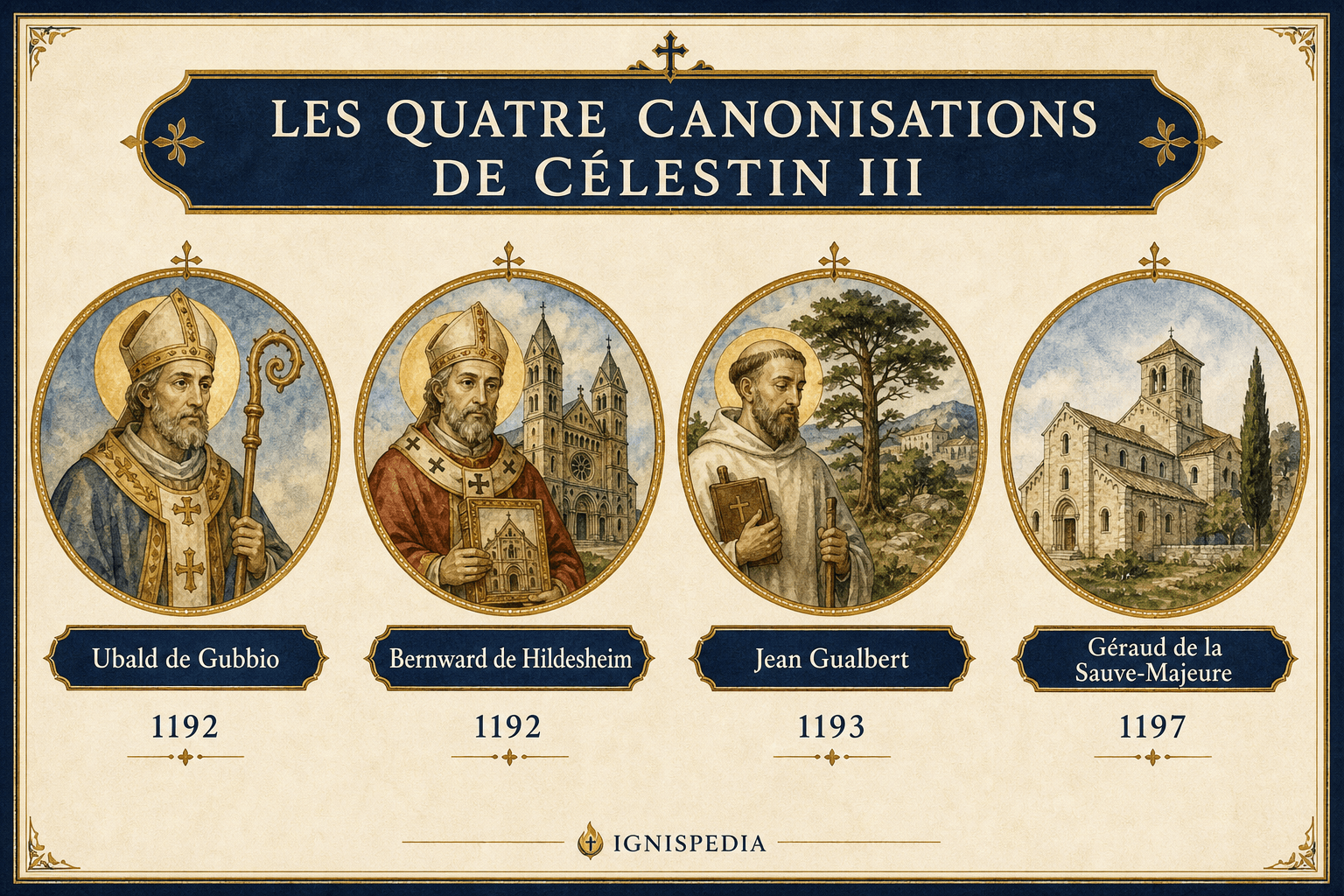 Infographic presenting the four canonizations of Celestine III: Ubald of Gubbio, Bernward of Hildesheim, John Gualbert and Gerald of Sauve-Majeure.