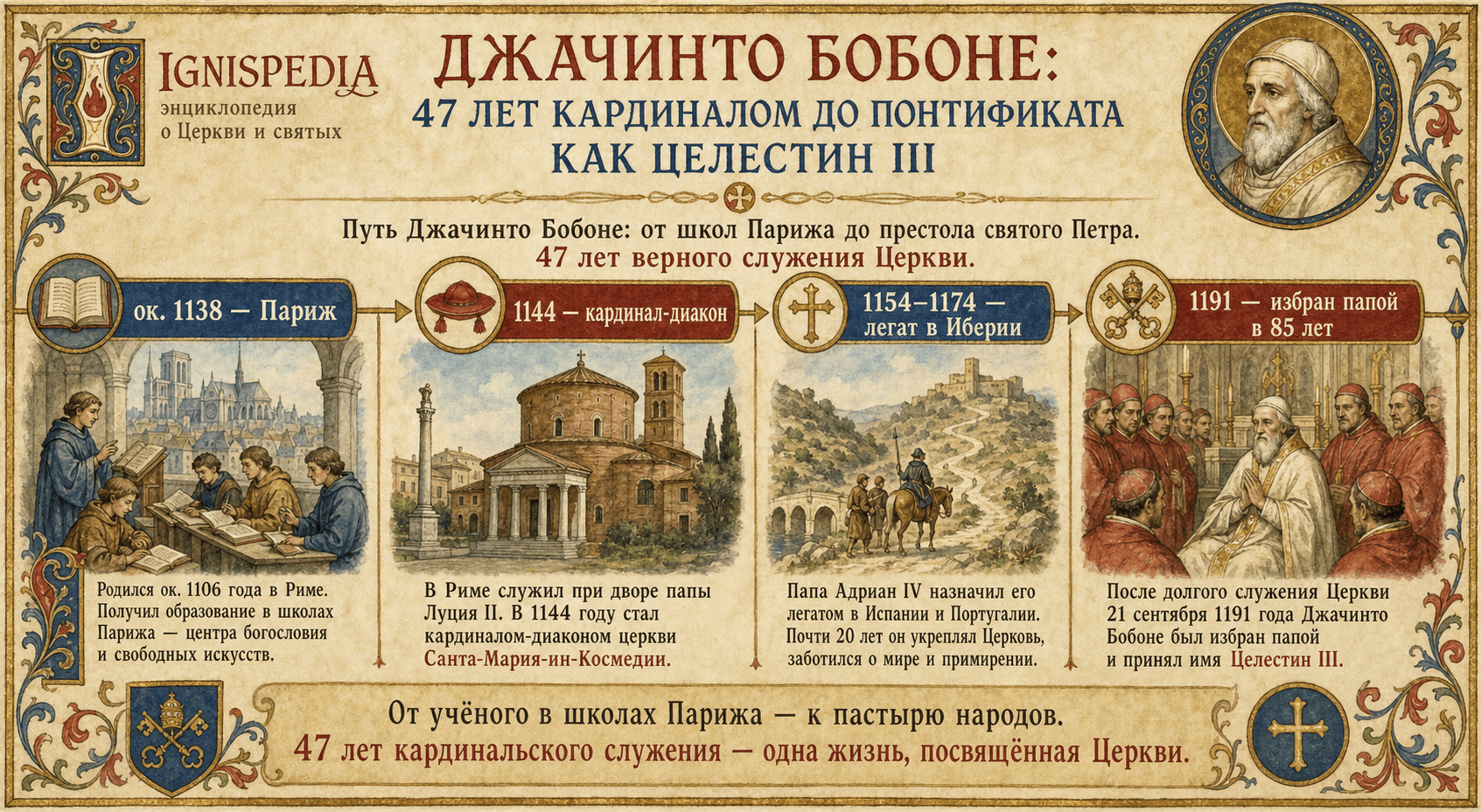 Инфографика, отражающая сорок семь лет кардинальства Джачинто Бобоне до его избрания Целестином III.