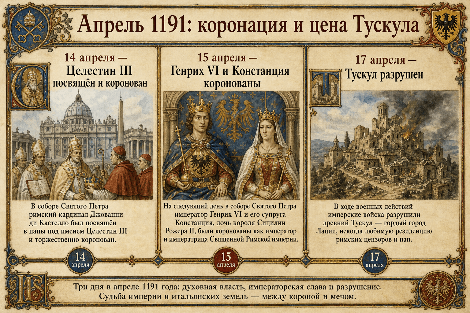 Инфографическая лента апреля 1191 года: коронация Целестина III, коронация Генриха VI и Констанции, затем разрушение Тускулума.