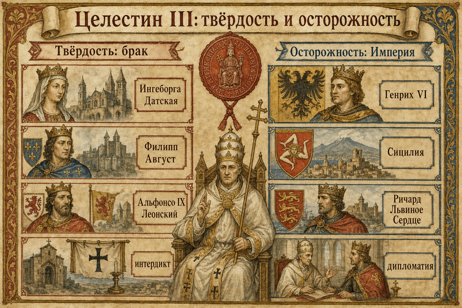 Инфографика, сравнивающая твердость Целестина III в вопросе христианского брака и его осторожность по отношению к императору Генриху VI.