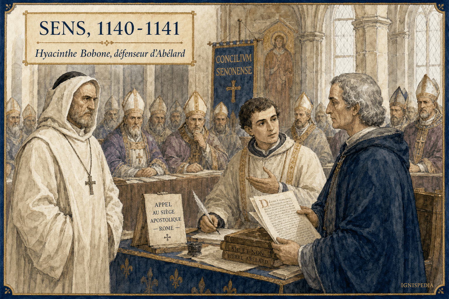 Watercolor scene of the Council of Sens showing Hyacinth Bobone supporting Peter Abelard's appeal to Rome before Saint Bernard.