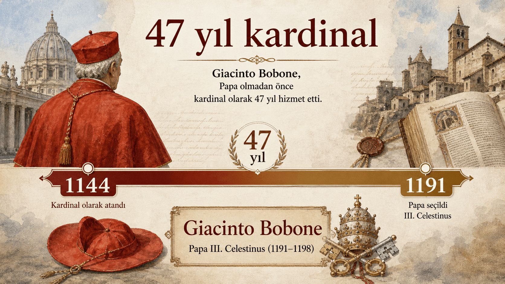 Giacinto Bobone'nin III. Celestinus olarak seçilene kadar geçen kırk yedi yıllık kardinalatını gösteren infografik.