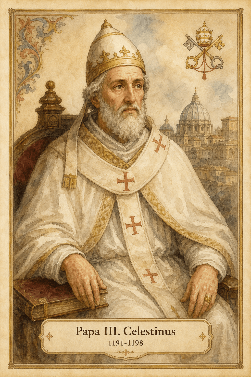 XII. yüzyıl sonlarında yaşlı bir papa olan III. Celestinus'un suluboya portresi, Lateran'ın önünde bir papalık mührü tutuyor.