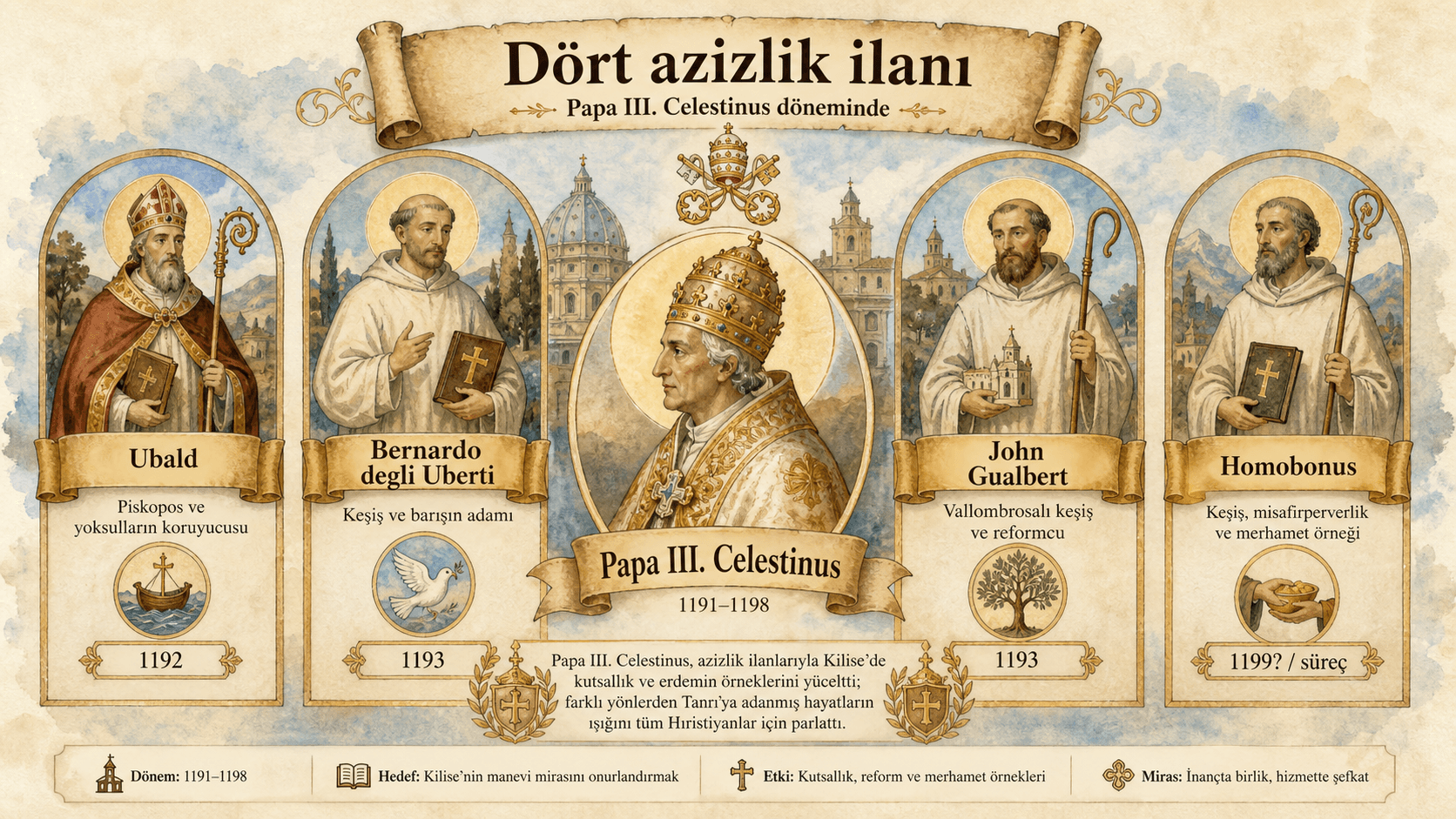 III. Celestinus'ün dört kanonizasyonunu gösteren infografik: Gubbio'lu Ubald, Hildesheim'lı Bernward, Jean Gualbert ve La Sauve-Majeure'lü Géraud.