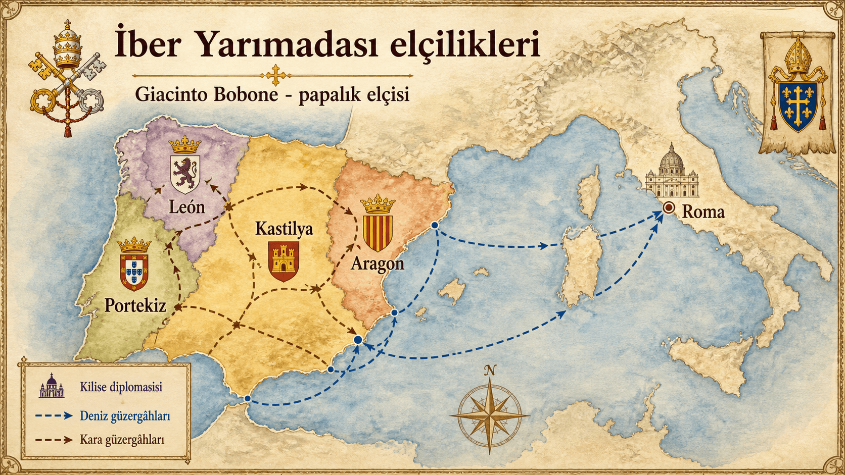 Hyacinthe Bobone’un Roma, Compostelle, León, Kastilya, Portekiz ve Santiago tarikatı arasındaki İberya legasyonlarının infografik haritası.
